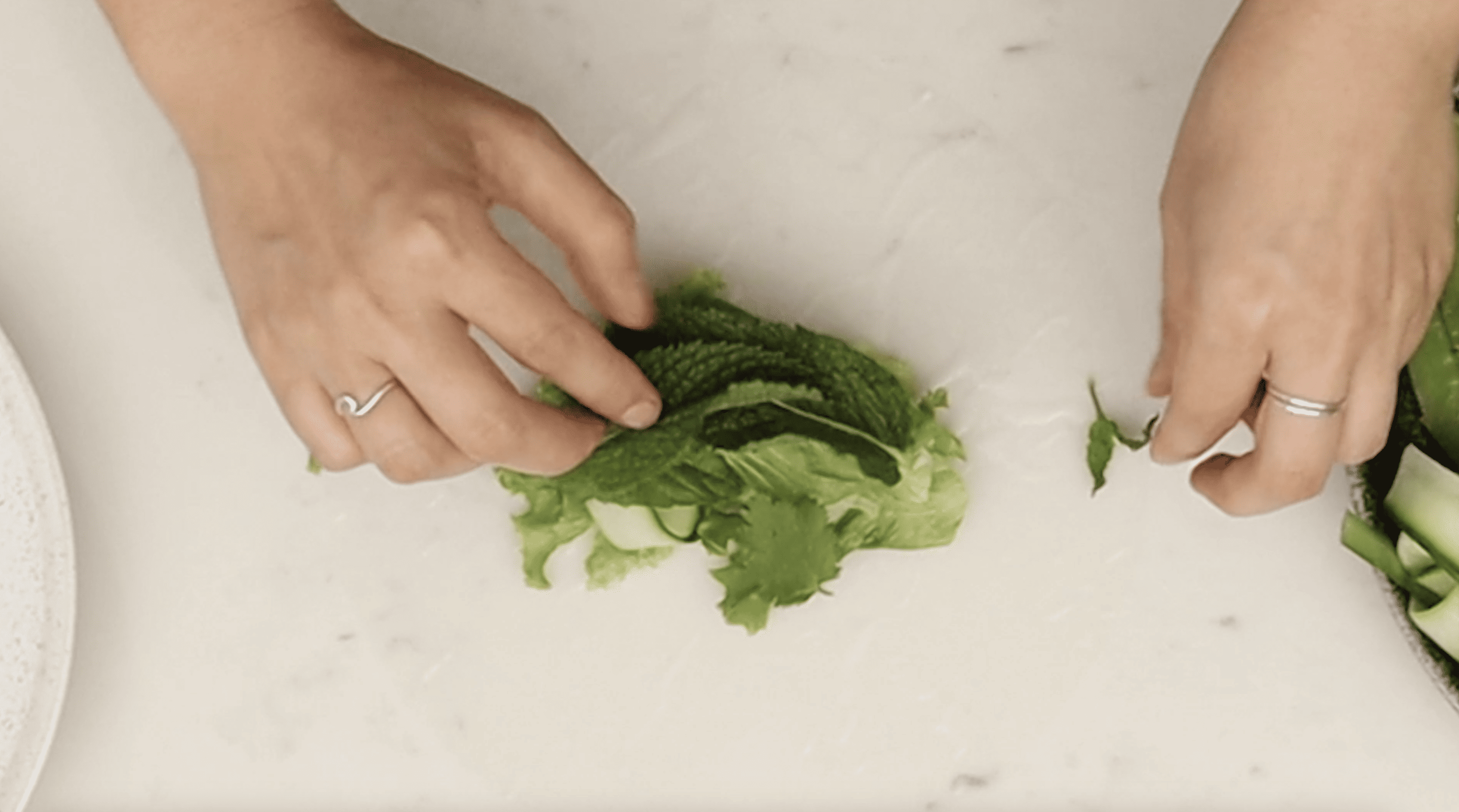 hands filling a vegan summer roll