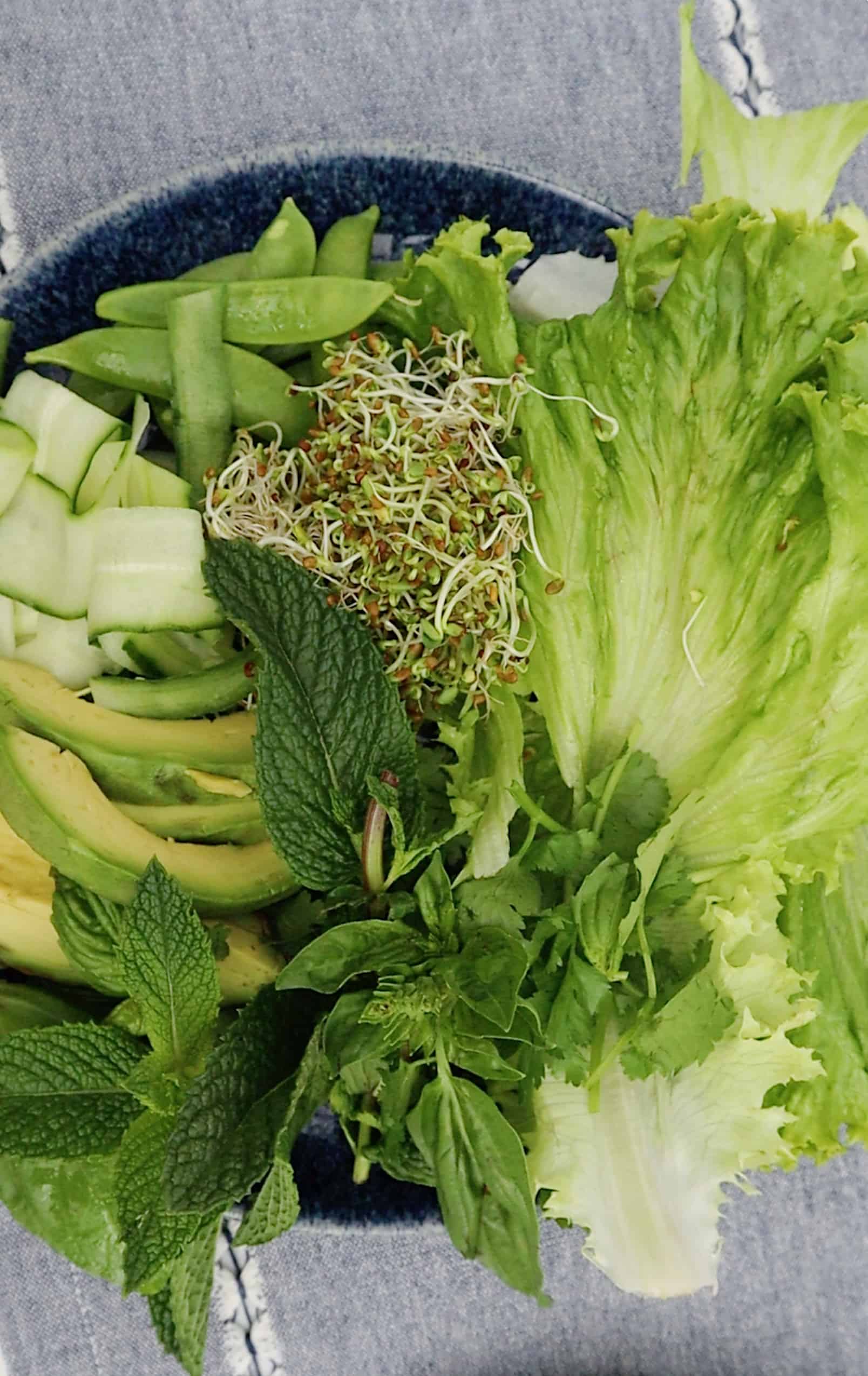 overhead of a plate of all green vegetables for vegan summer rolls