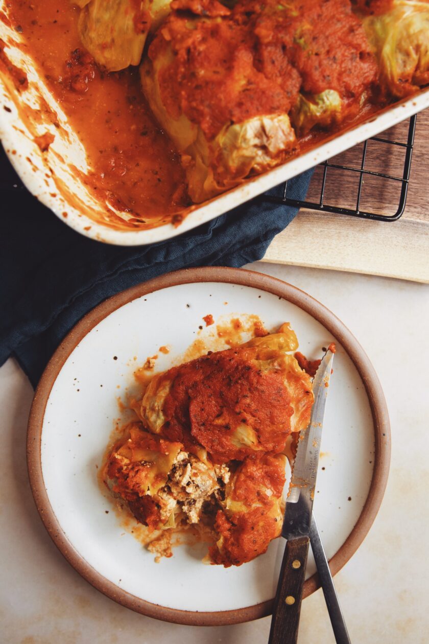 cabbage rolls with sunflower seed ricotta