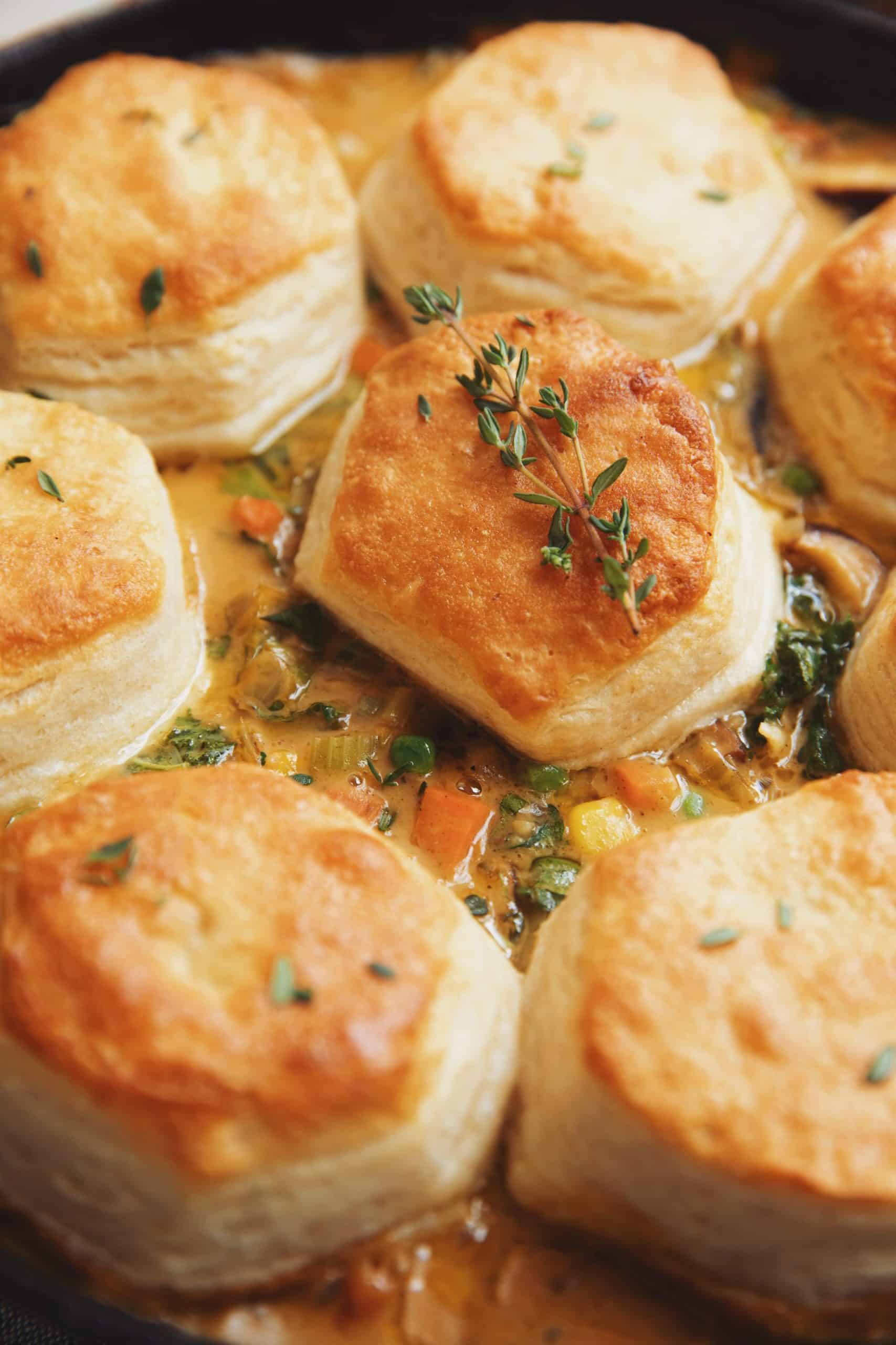 close up of vegetable biscuit pot pie