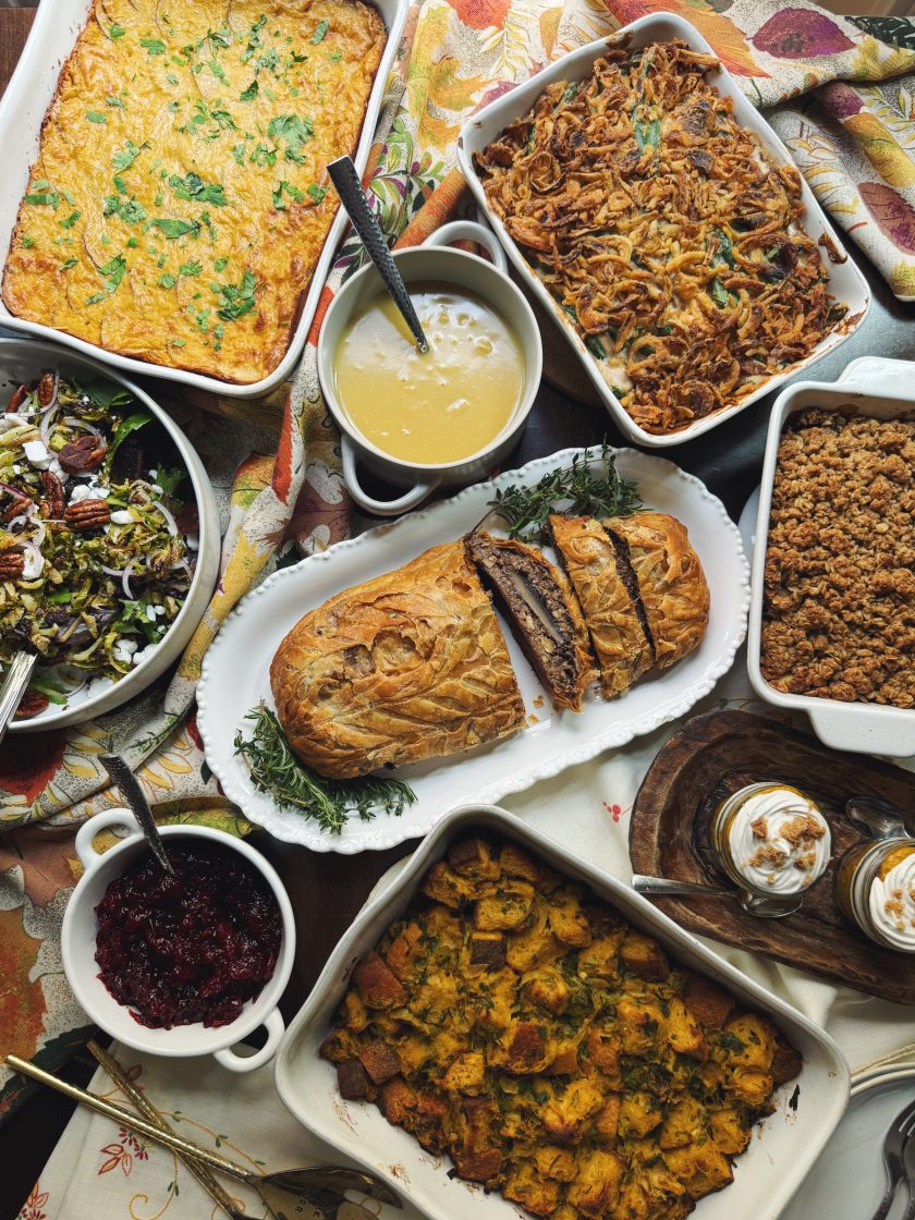 overhead of a vegan holiday meal spread by hot for food
